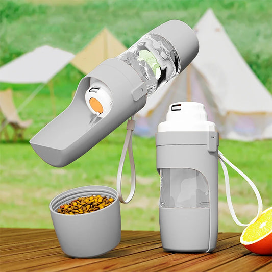 Portable pet water bottle with food storage for dogs and cats