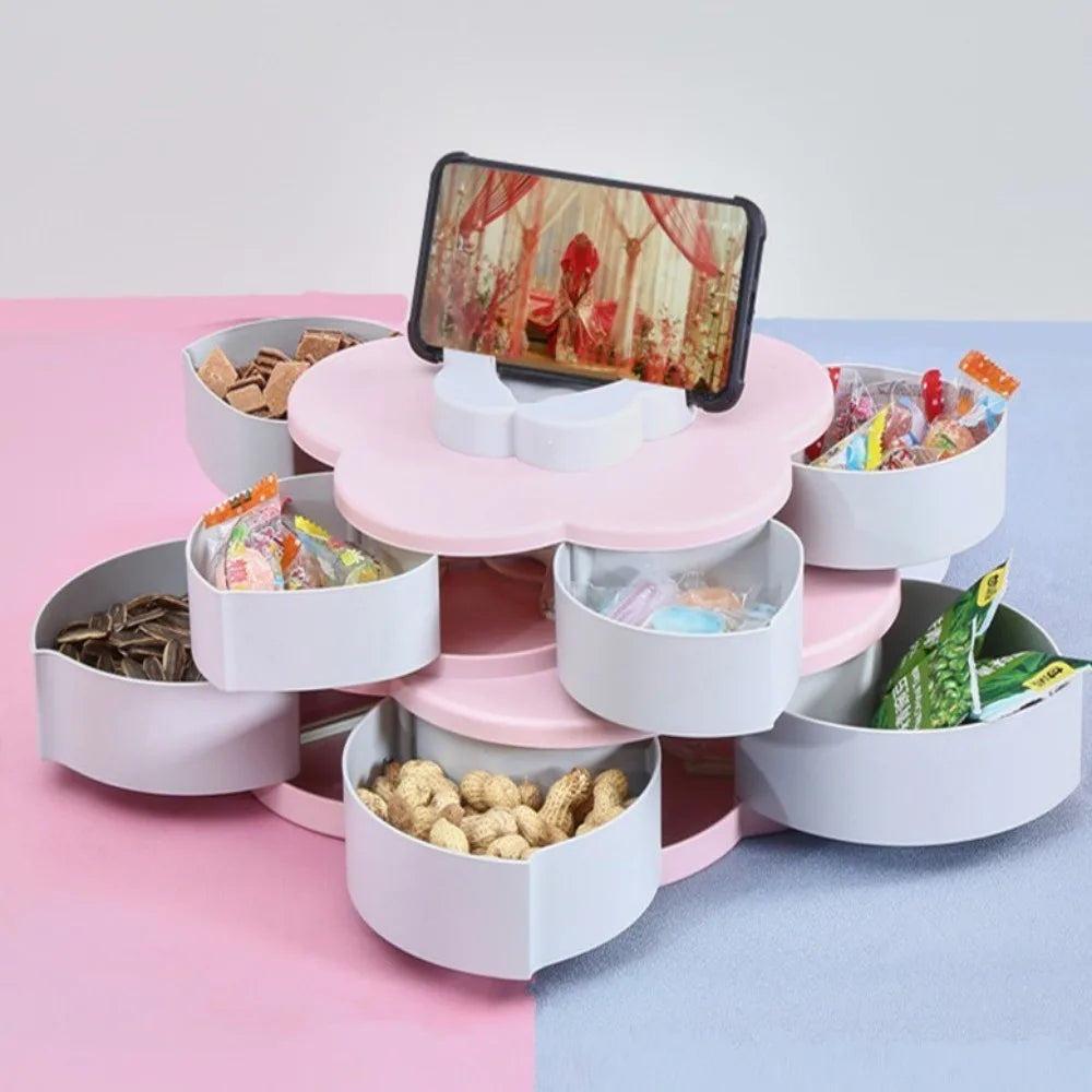 Multifunctional 2-layer Rotating Petal Candy Box with Phone Holder Plastic Snack Tray Dust-proof Jewelry Organizer Wedding