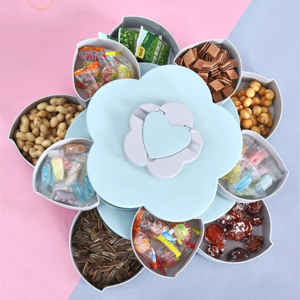 Multifunctional 2-layer Rotating Petal Candy Box with Phone Holder Plastic Snack Tray Dust-proof Jewelry Organizer Wedding