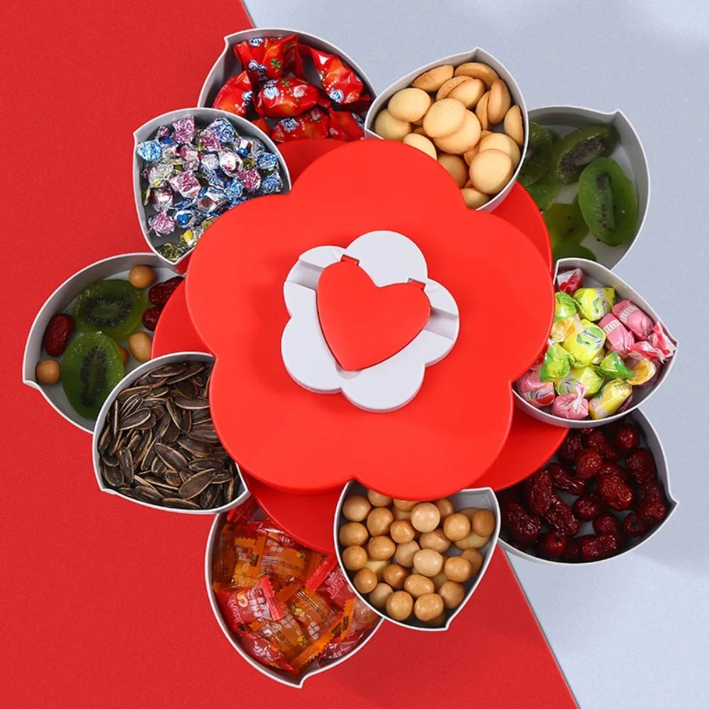Multifunctional 2-layer Rotating Petal Candy Box with Phone Holder Plastic Snack Tray Dust-proof Jewelry Organizer Wedding